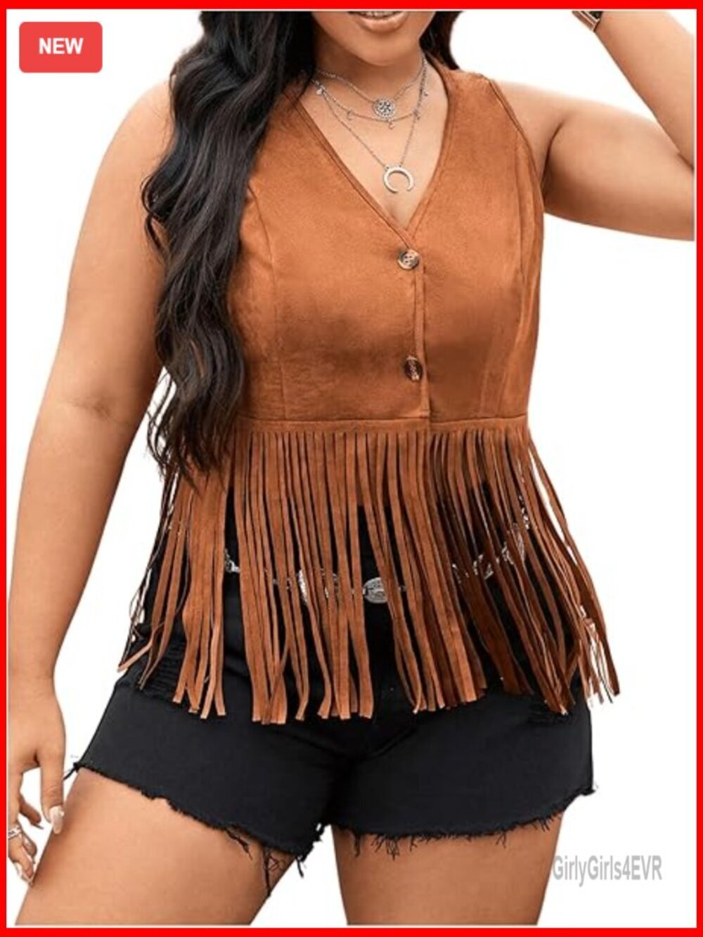 Plus Size Fringe Trim Vest Jacket Sleeveless V Neck Button Front